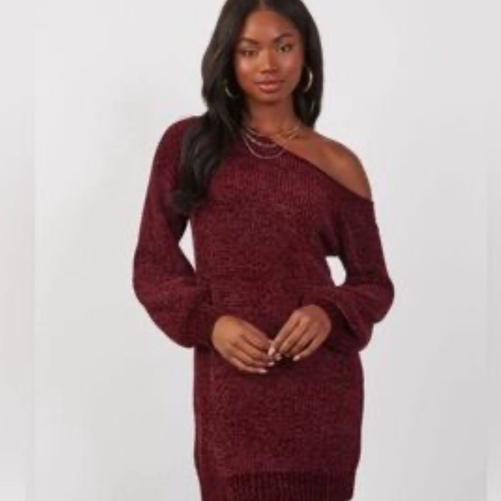 Vici Deep Red Assymetrical Neckline Chenille Knit Sweater Dress